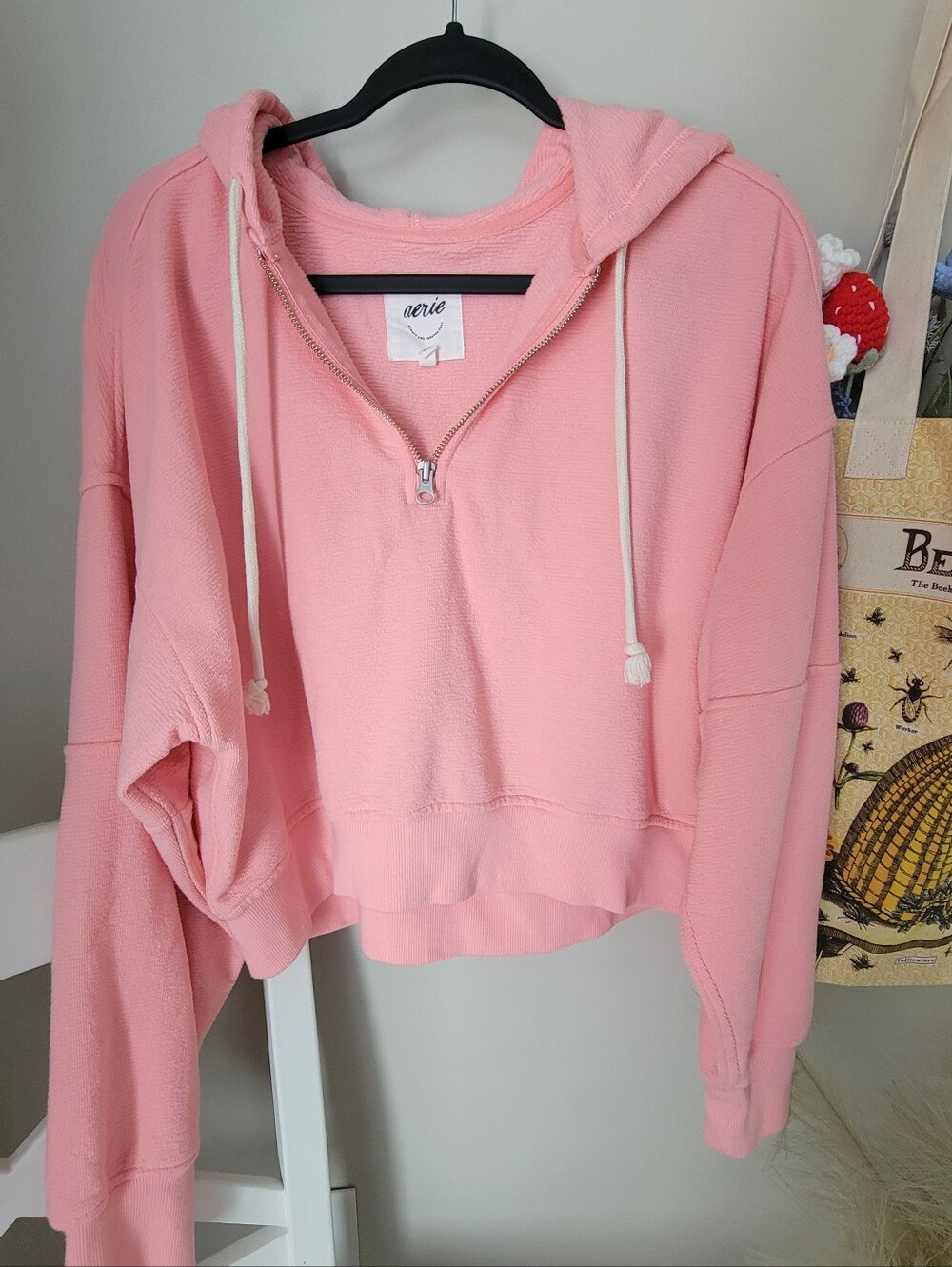 Aerie Pink Half-Zip Hooded Sweatshirt Size S